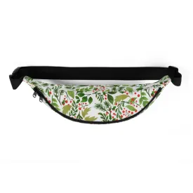 Green White Christmas Fanny Pack, Designer Red Berries Floral Print Designer Fanny Pack- Made in USA/EU