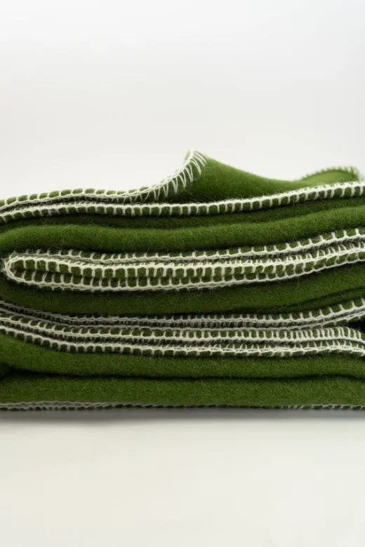 Green Wool Bed Blanket with Blanket Stitch