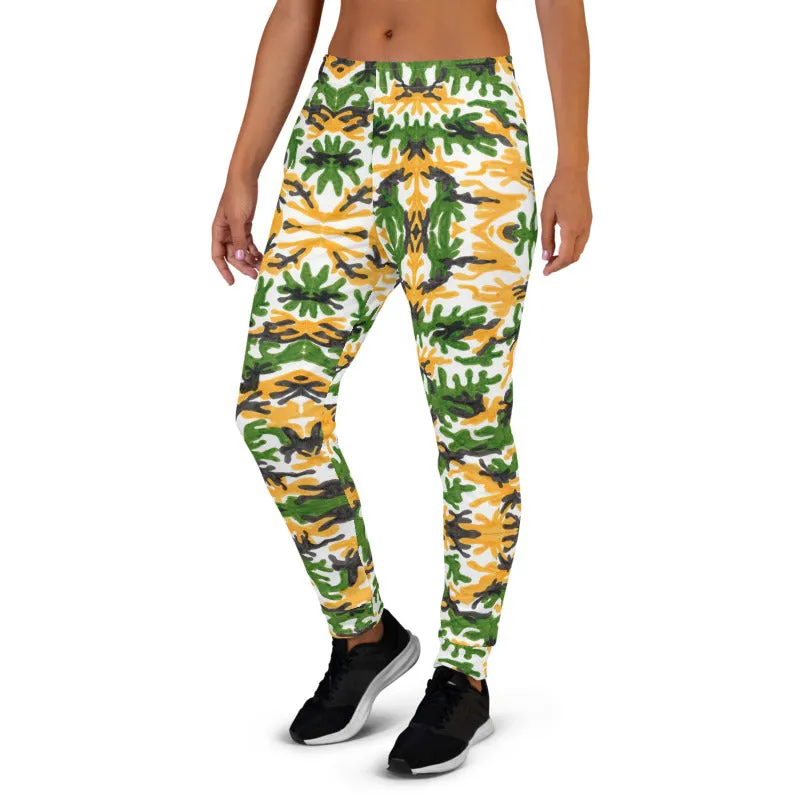 Green Yellow Army Women's Joggers, Camouflage Camo Print Designer Slim Fit Sweatpants-Made in EU/MX