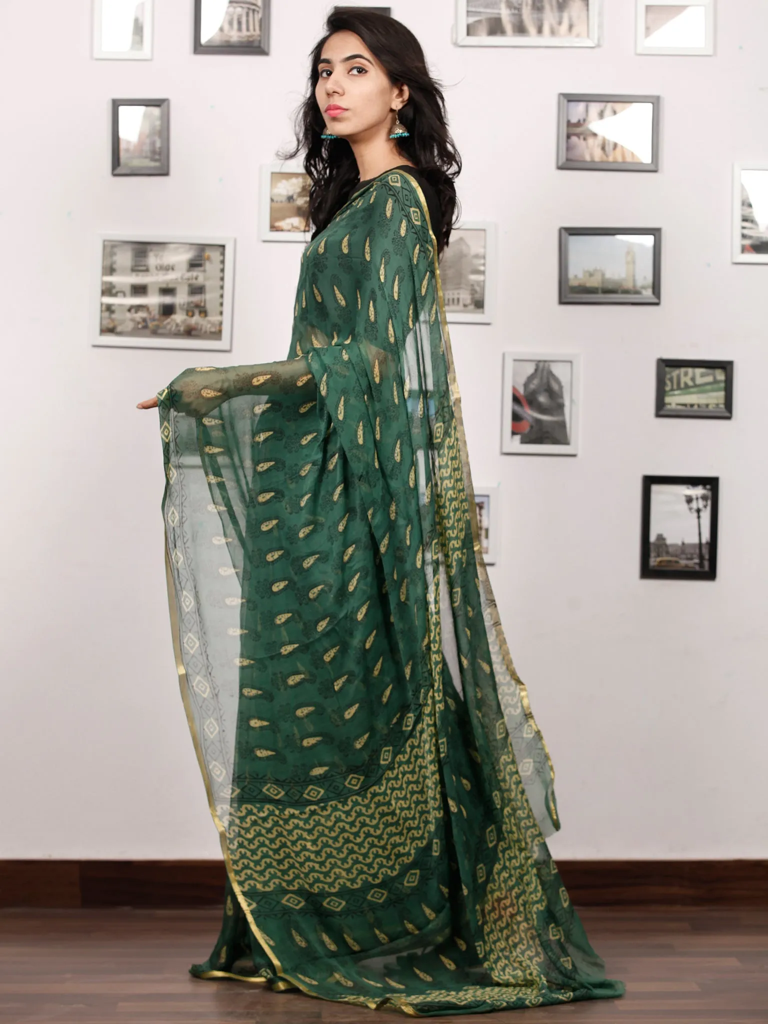 Green Yellow Black Hand Block Printed Chiffon Saree with Zari Border - S031703508