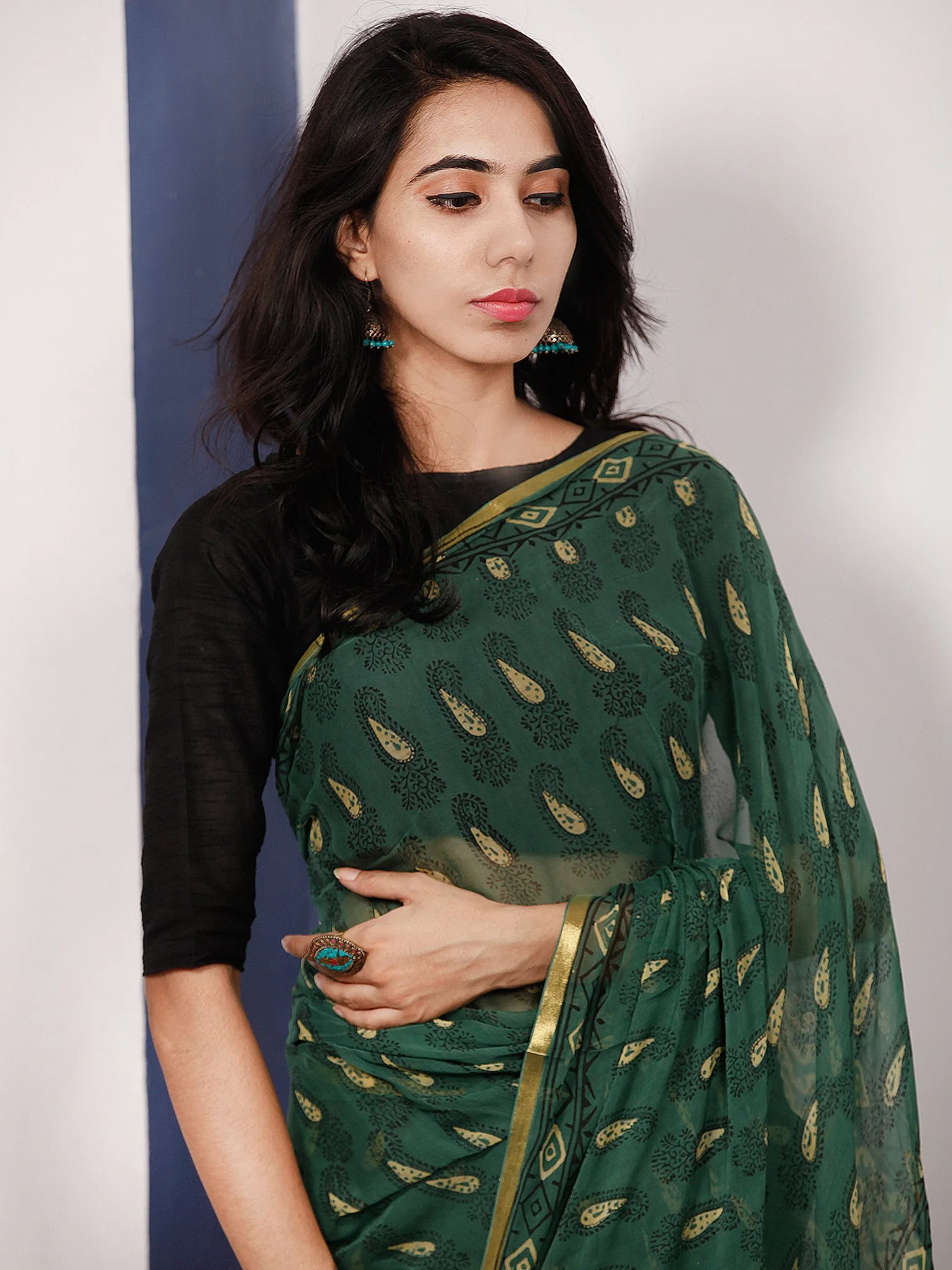 Green Yellow Black Hand Block Printed Chiffon Saree with Zari Border - S031703508