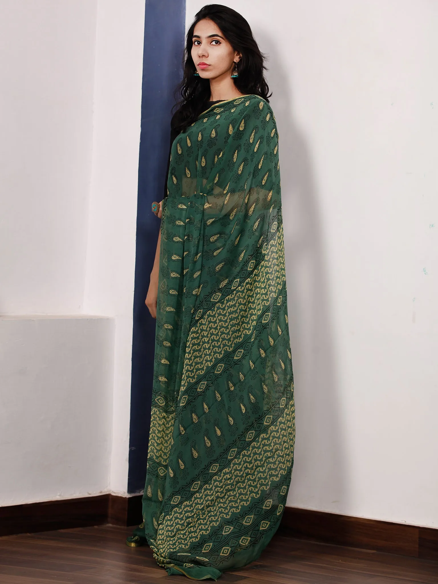 Green Yellow Black Hand Block Printed Chiffon Saree with Zari Border - S031703508