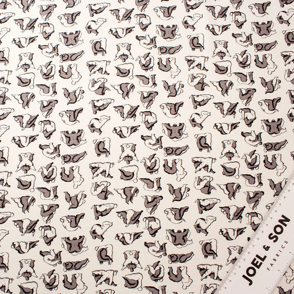 Grey & White Figures Printed White Silk Twill