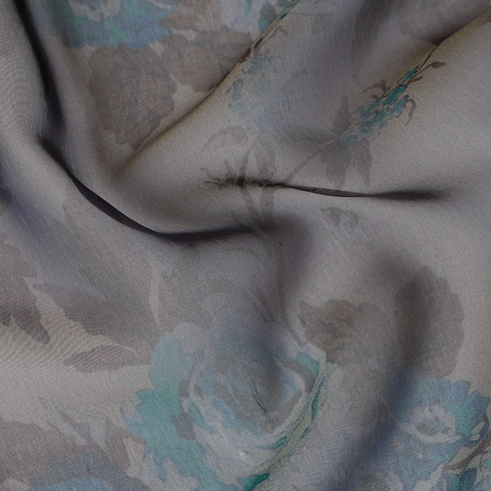 Grey and Blue Floral Pure Silk Chiffon Fabric, 110 cms, South Korea-D19883