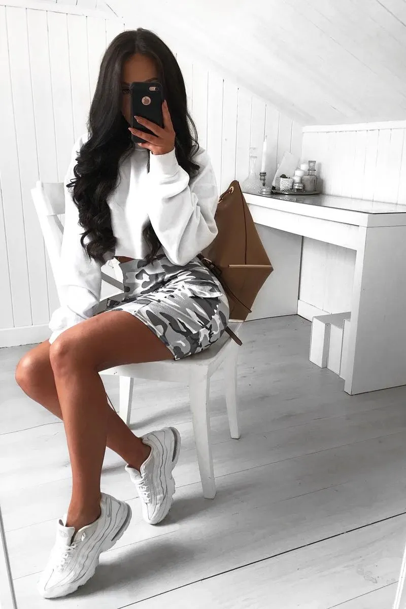 Grey Camo Button Front Mini Skirt - Abia