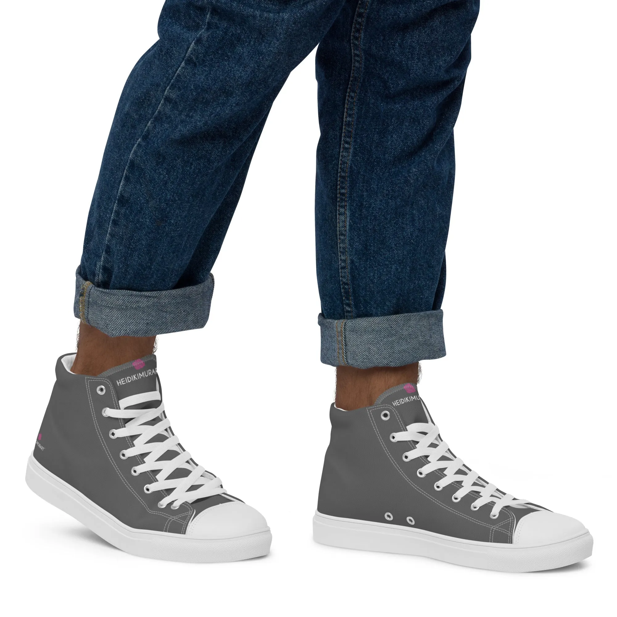 Grey Color Men's High Tops Shoes, Solid Dark Grey Color Men’s High Top Canvas Sneaker Shoes (US Size: 5-13)