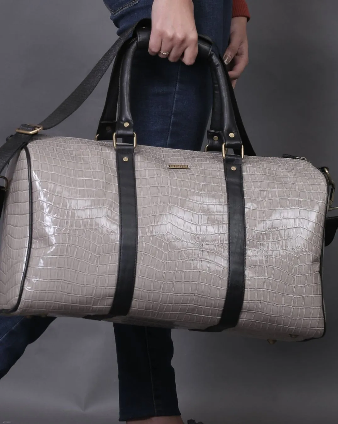 Grey Croc Print and Black Duffel / Luggage Bag