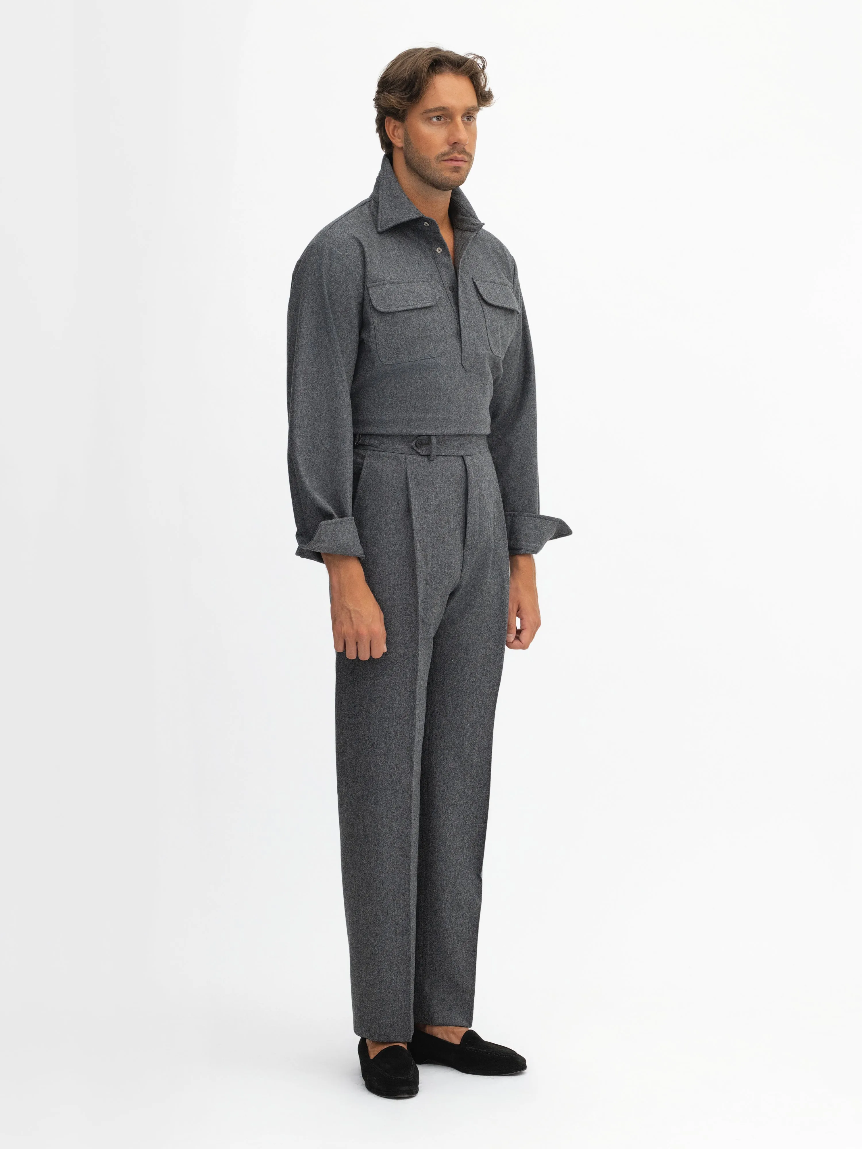 Grey Flannel Wool Oscar Trousers (Wide Fit)