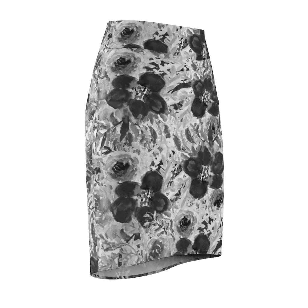 Grey Floral Women's Pencil Skirt, Gray Rose Flower Patterned Mid Waist Stretchy Skirt-Made in USA