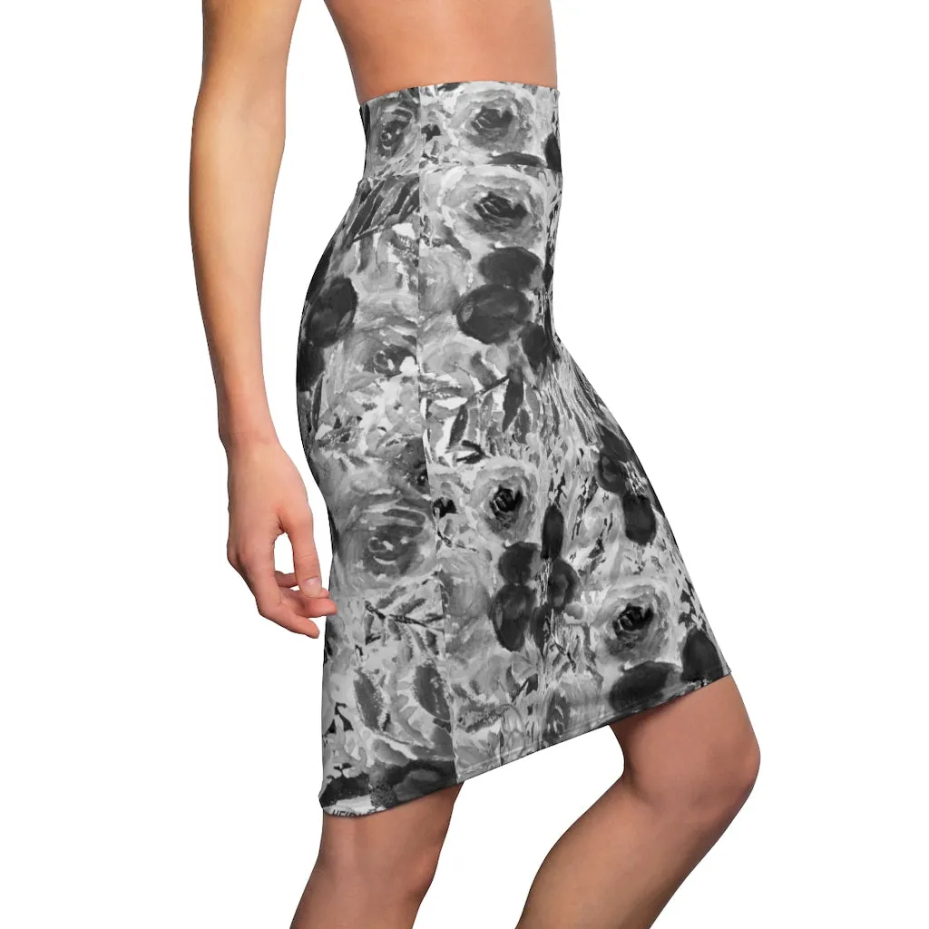 Grey Floral Women's Pencil Skirt, Gray Rose Flower Patterned Mid Waist Stretchy Skirt-Made in USA