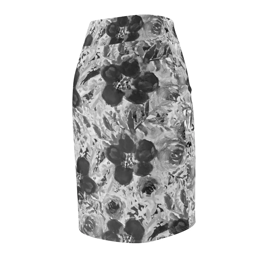 Grey Floral Women's Pencil Skirt, Gray Rose Flower Patterned Mid Waist Stretchy Skirt-Made in USA