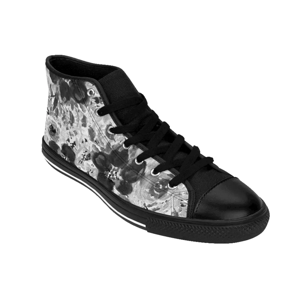 Grey Floral Women's Sneakers, Flower Print Designer High-top Sneakers Tennis Shoes (US Size: 6-12)