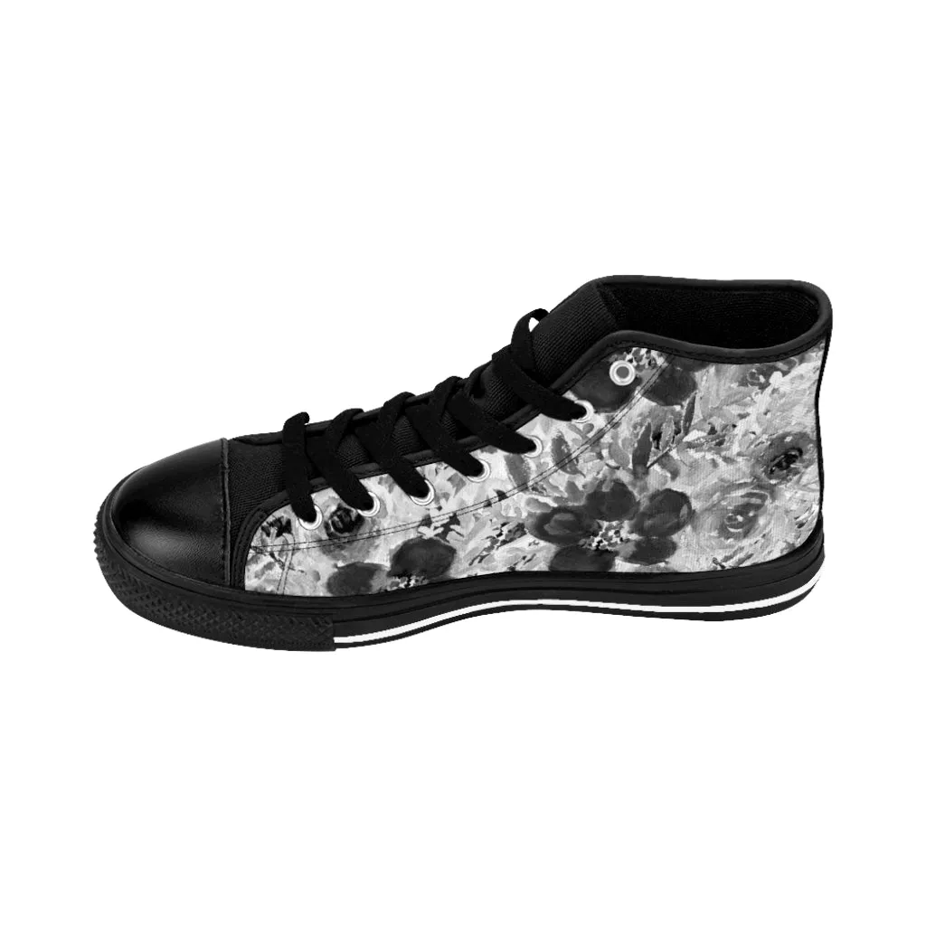 Grey Floral Women's Sneakers, Flower Print Designer High-top Sneakers Tennis Shoes (US Size: 6-12)