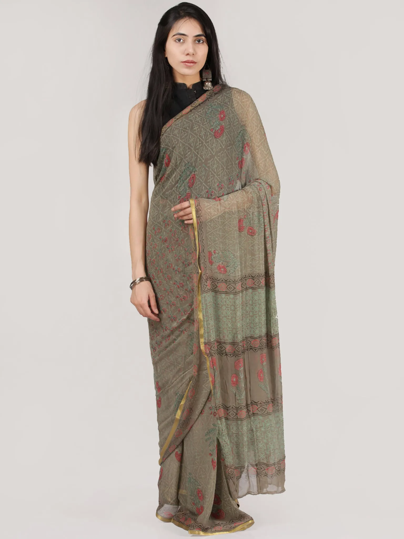 Grey Green Pink Hand Block Printed Chiffon Saree With Zari Border - S031704688