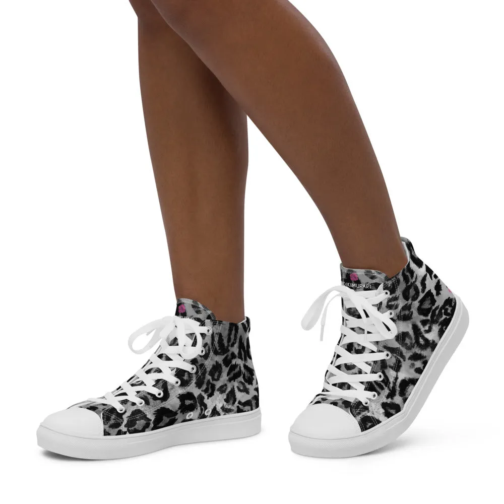 Grey Leopard Print Women's Sneakers, Sexy Animal Print Premium High Top Tennis Shoes For Ladies