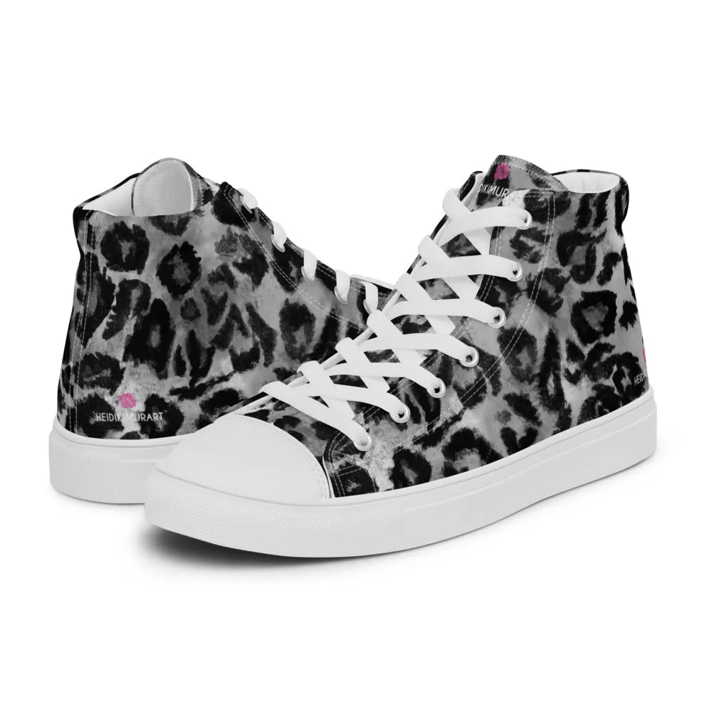 Grey Leopard Print Women's Sneakers, Sexy Animal Print Premium High Top Tennis Shoes For Ladies