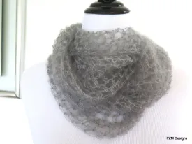 Grey silk long loop scarf, hand crochet luxury cowl gift for her