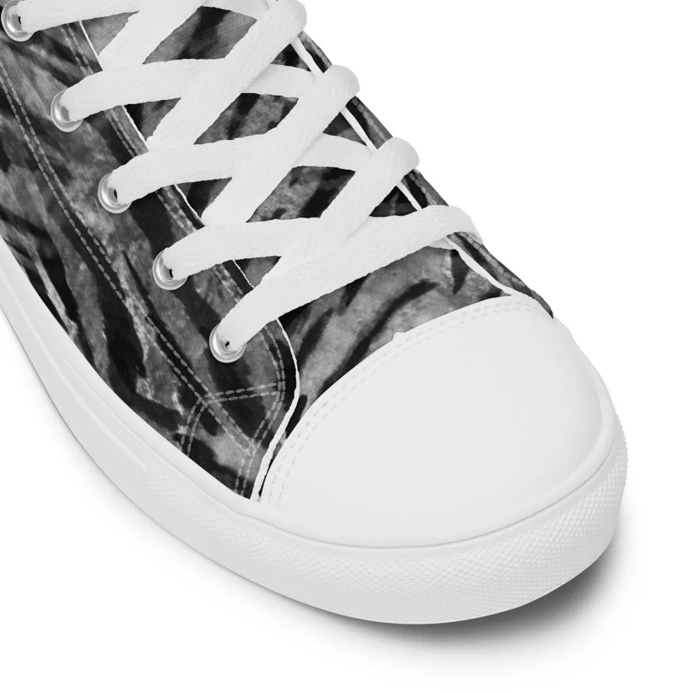 Grey Tiger Striped Men's Sneakers, Tiger Faux Skin Striped Animal Print Designer High Tops For Men