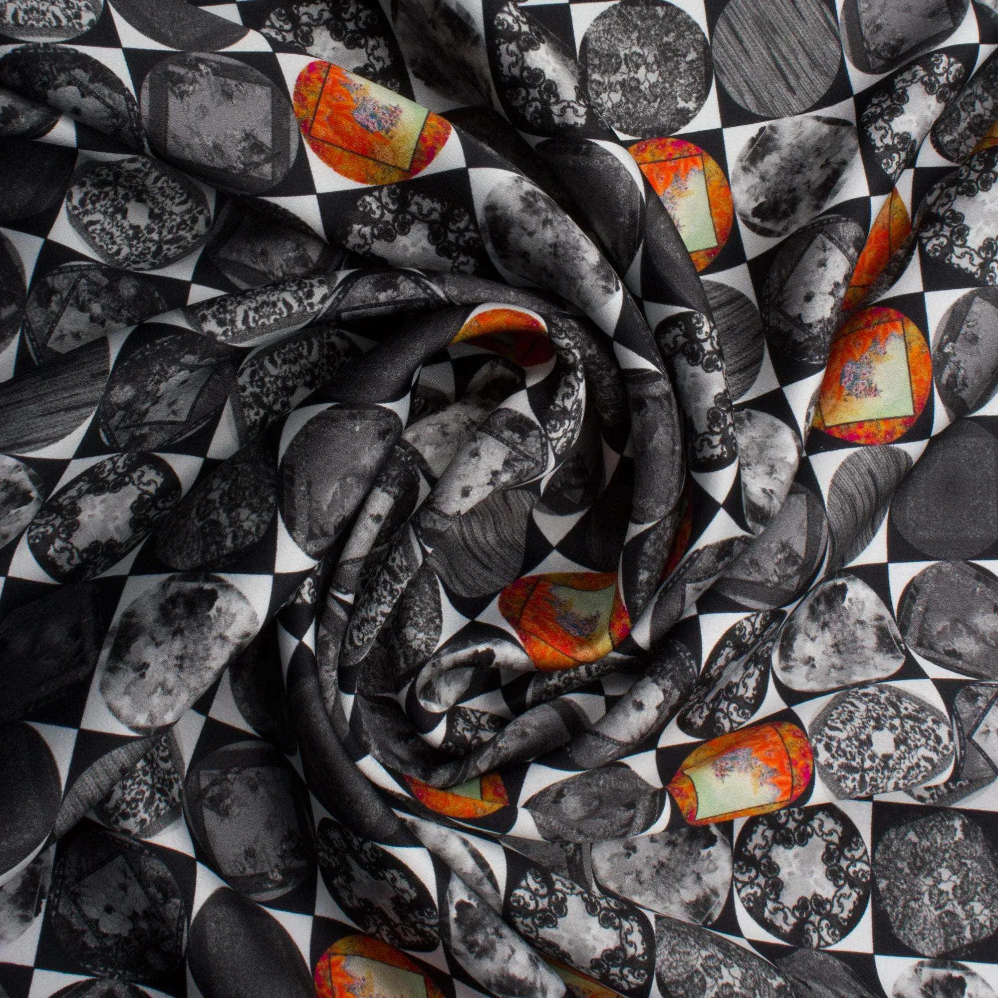 Grey/Orange Box Printed Silk Satin