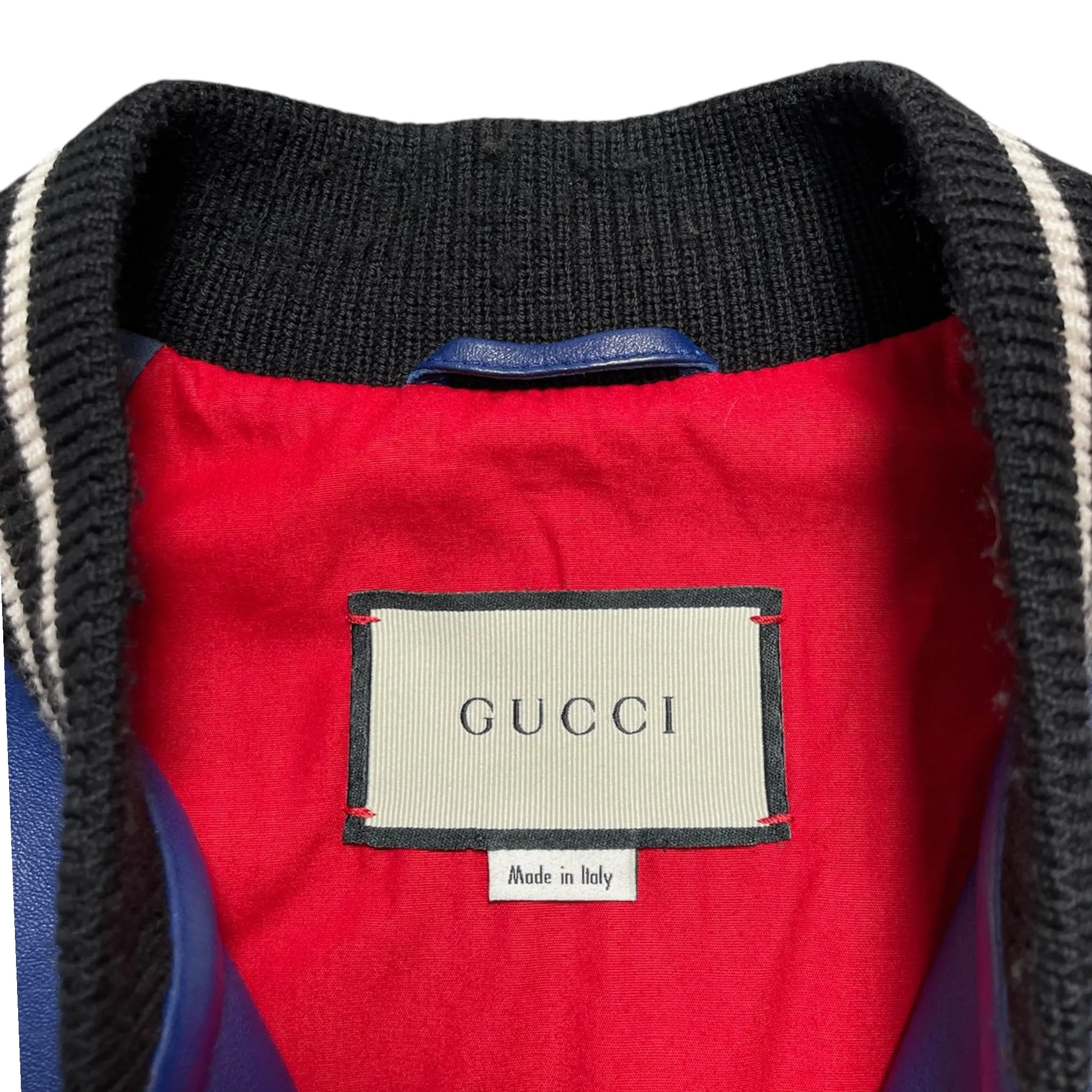 Gucci Bird Embroidered Leather Bomber Jacket Red Blue