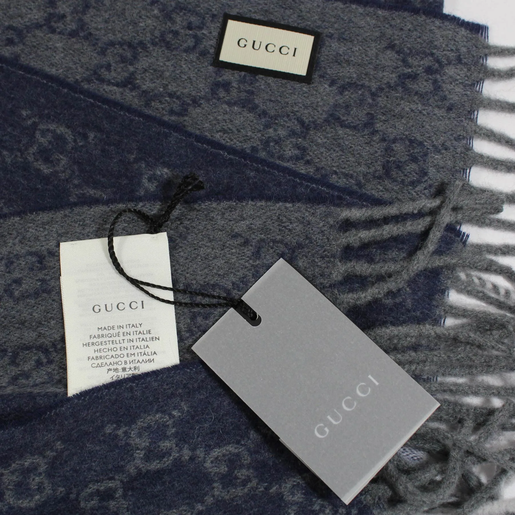 Gucci Cashmere Scarf Gray Midnight Blue GG Shawl SALE