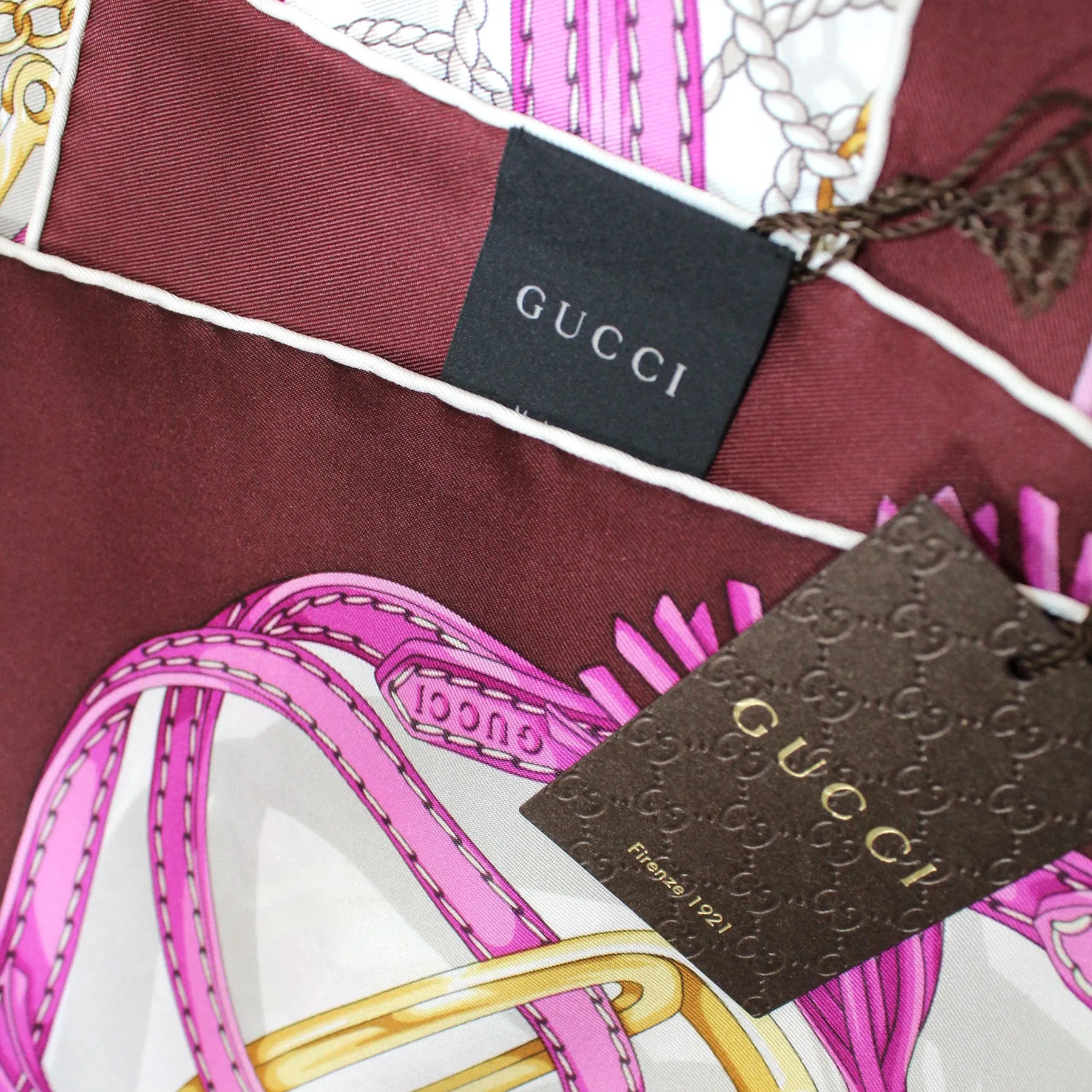 Gucci Scarf Maroon Pink Gold Equestrian Design - 36 Inch Square Twill Silk Scarf