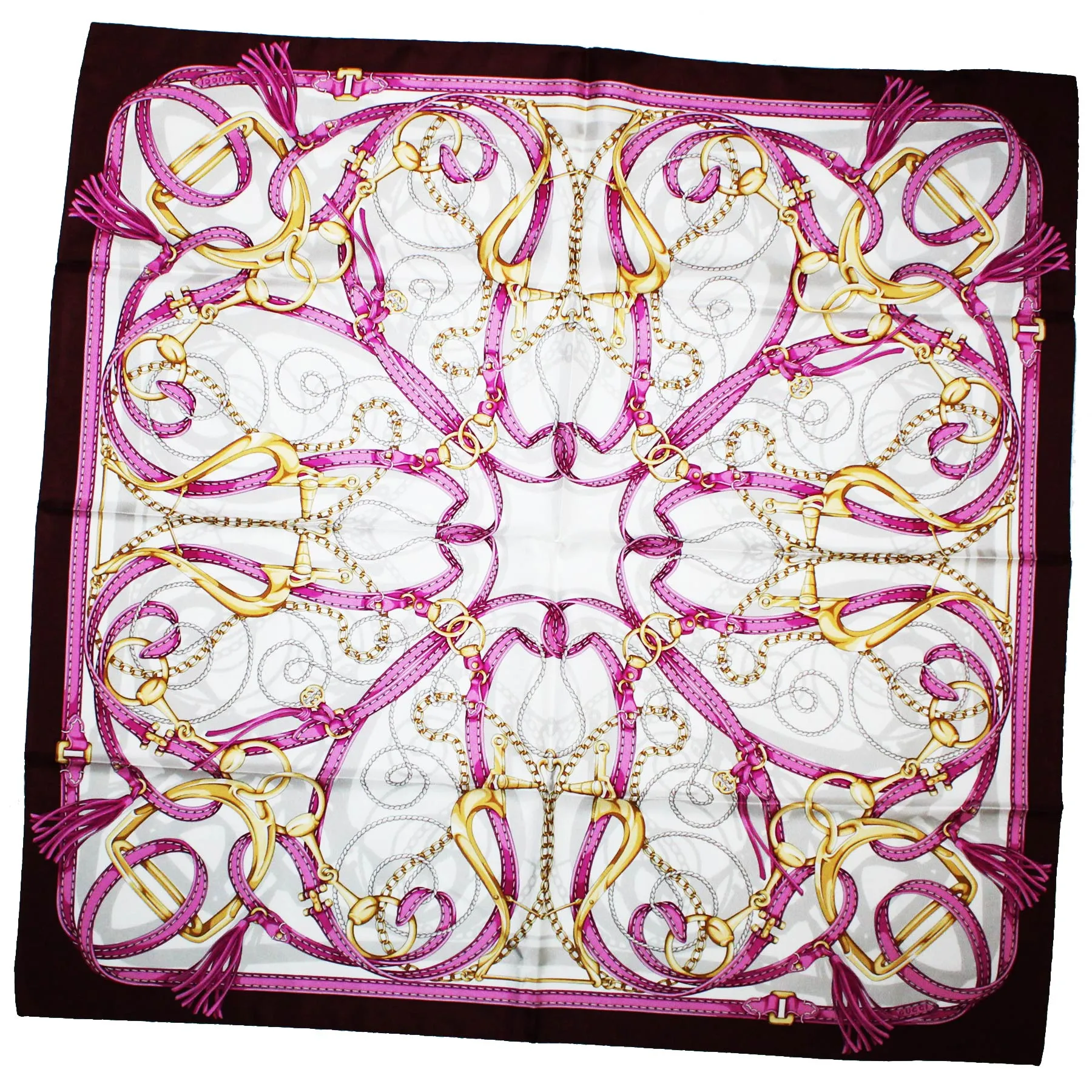 Gucci Scarf Maroon Pink Gold Equestrian Design - 36 Inch Square Twill Silk Scarf