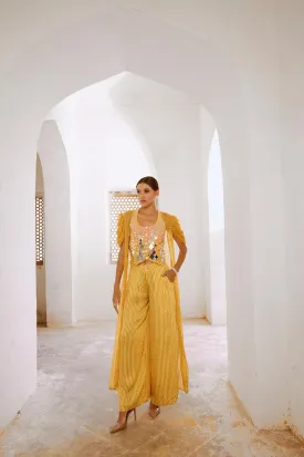 Gulbahar Daisy Yellow Sheesha Koti with Chiffon jacket and loose pant set.