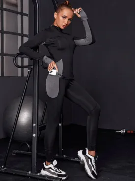 Gym Bunny Black & Grey Zip Front Long Sleeve Gym Set