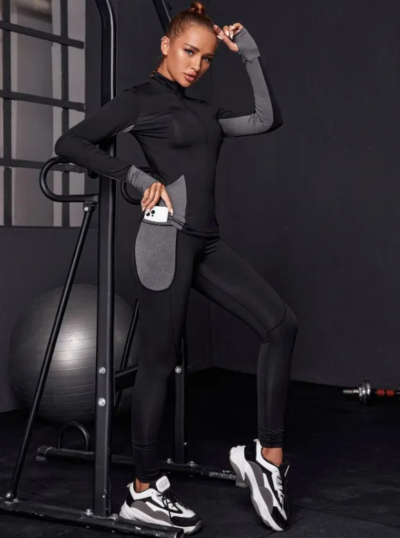 Gym Bunny Black & Grey Zip Front Long Sleeve Gym Set