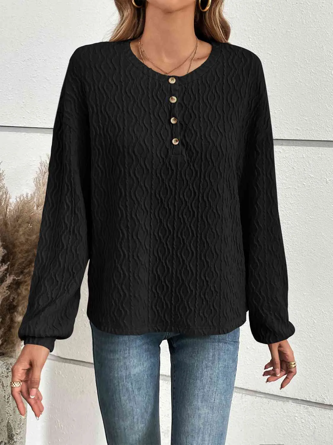 Half Button Long Sleeve Top