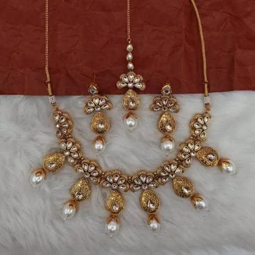 Half Flower Antique Drop Necklace Earring And Teeka Set