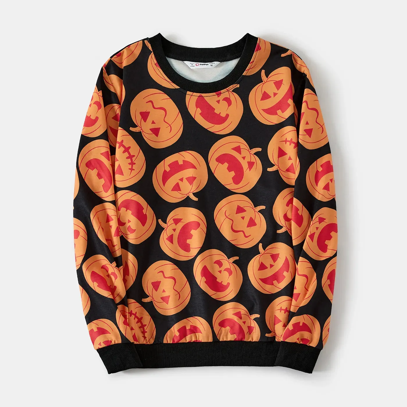 Halloween Family Matching Outfits All Over Pumpkin Print Long Sleeve Crewneck Tops