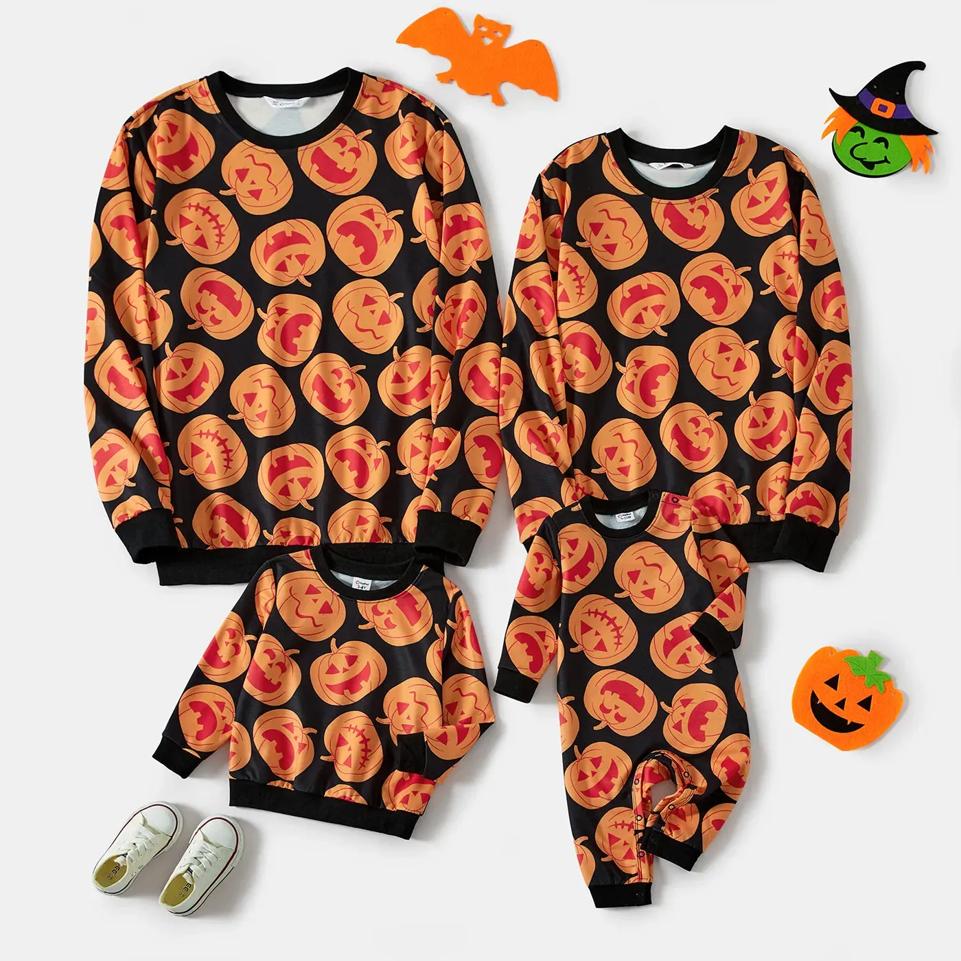 Halloween Family Matching Outfits All Over Pumpkin Print Long Sleeve Crewneck Tops