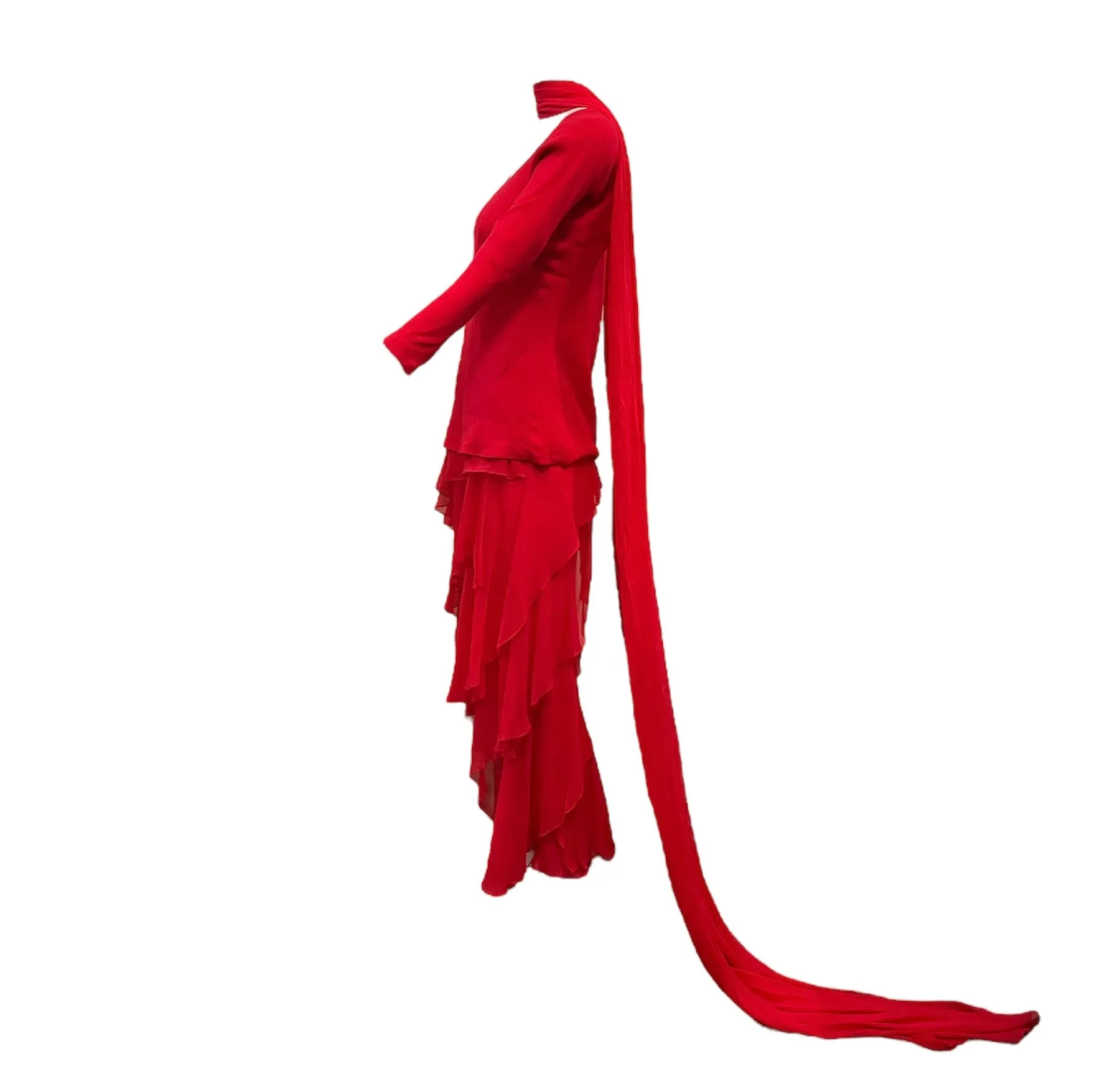 Halston 1970s Lipstick Red Chiffon Ruffled Ensemble with Pants