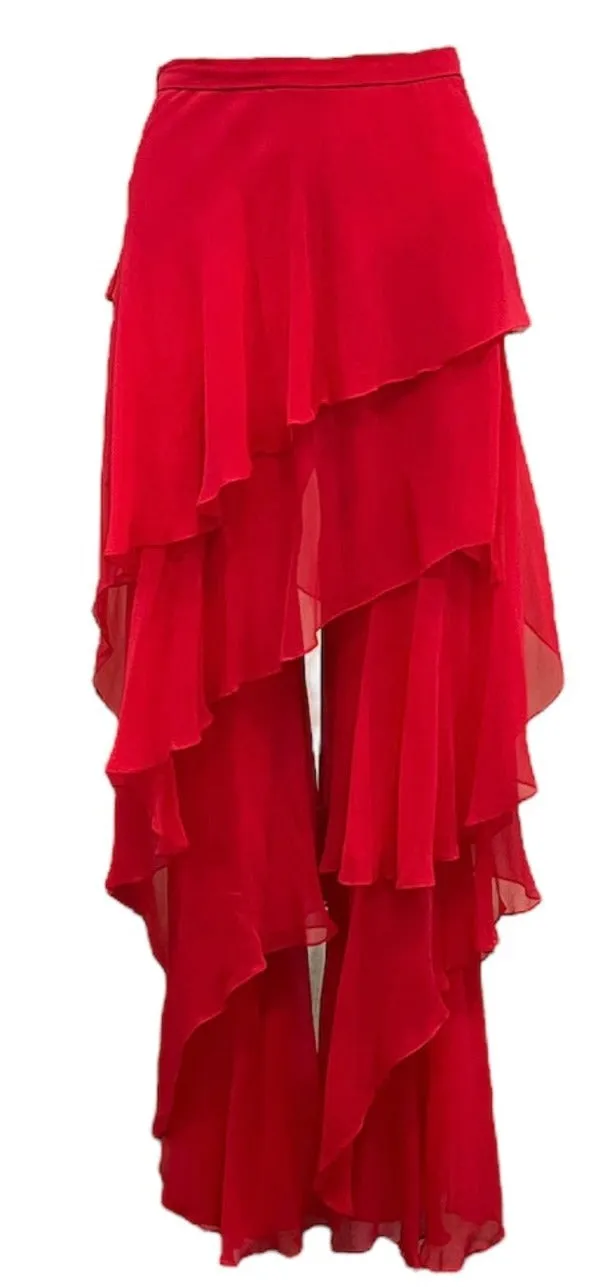 Halston 1970s Lipstick Red Chiffon Ruffled Ensemble with Pants