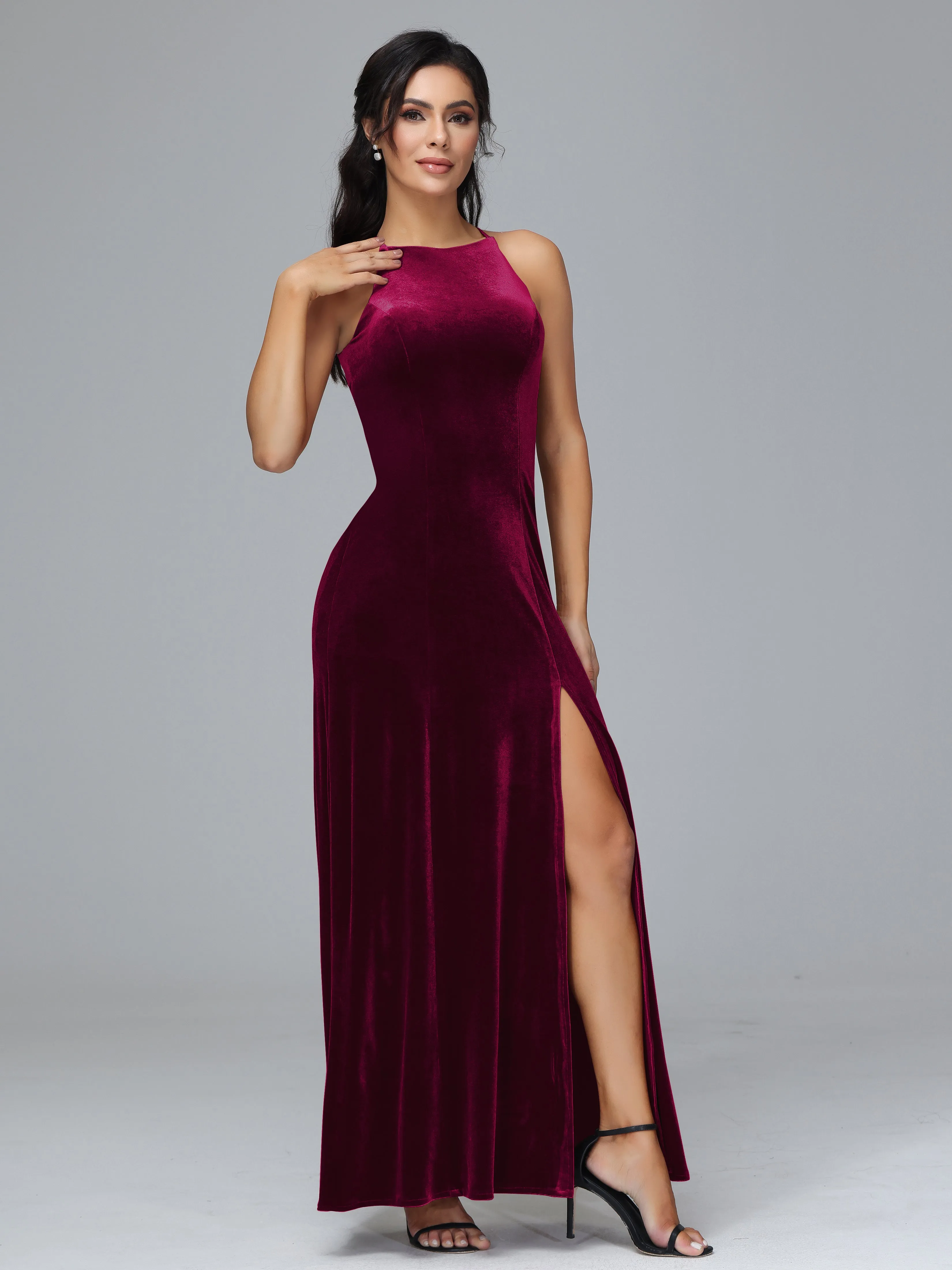 Halter Sleeveless Velvet Plus Size Bridesmaid Dresses With Split