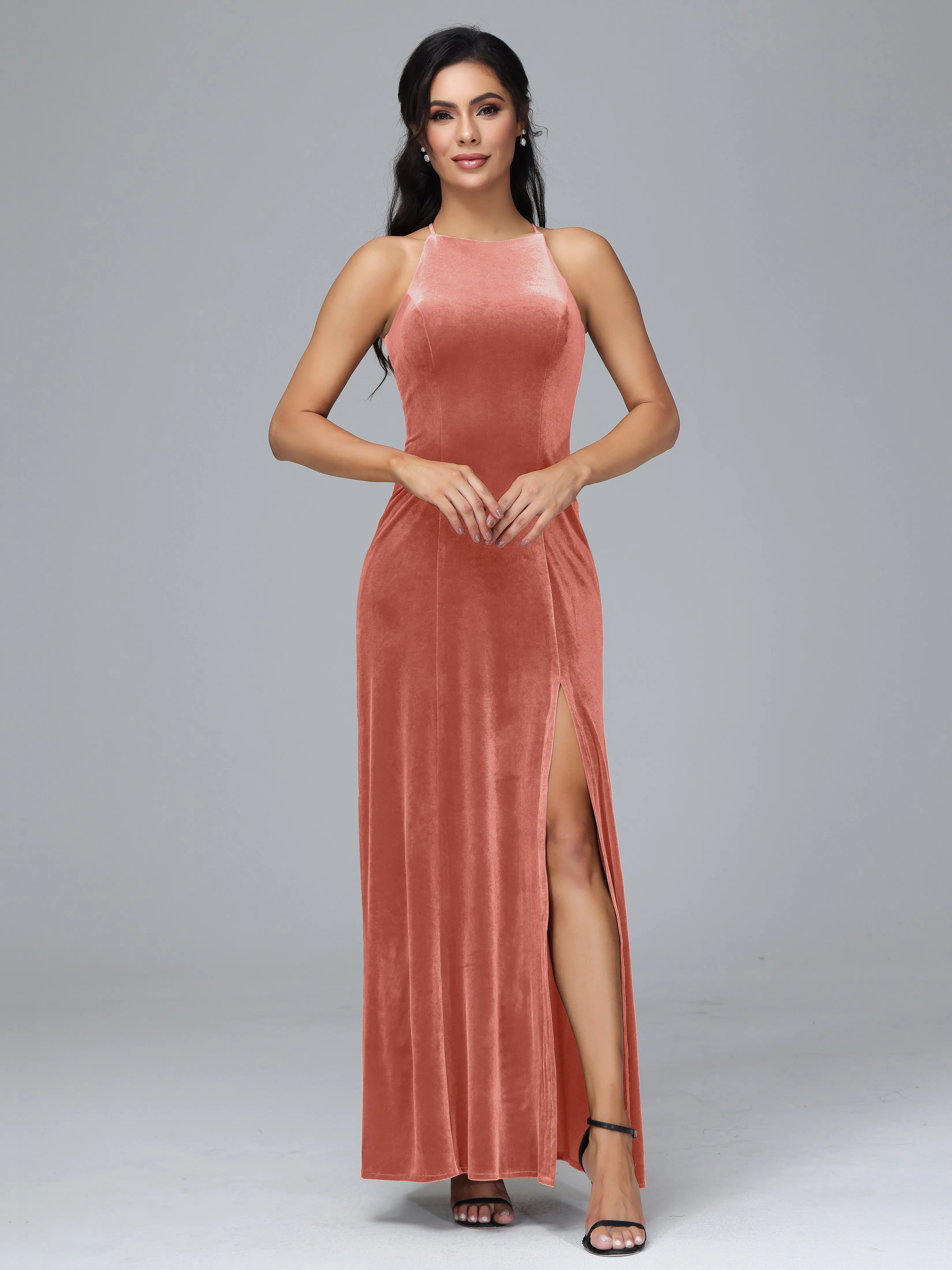 Halter Sleeveless Velvet Plus Size Bridesmaid Dresses With Split