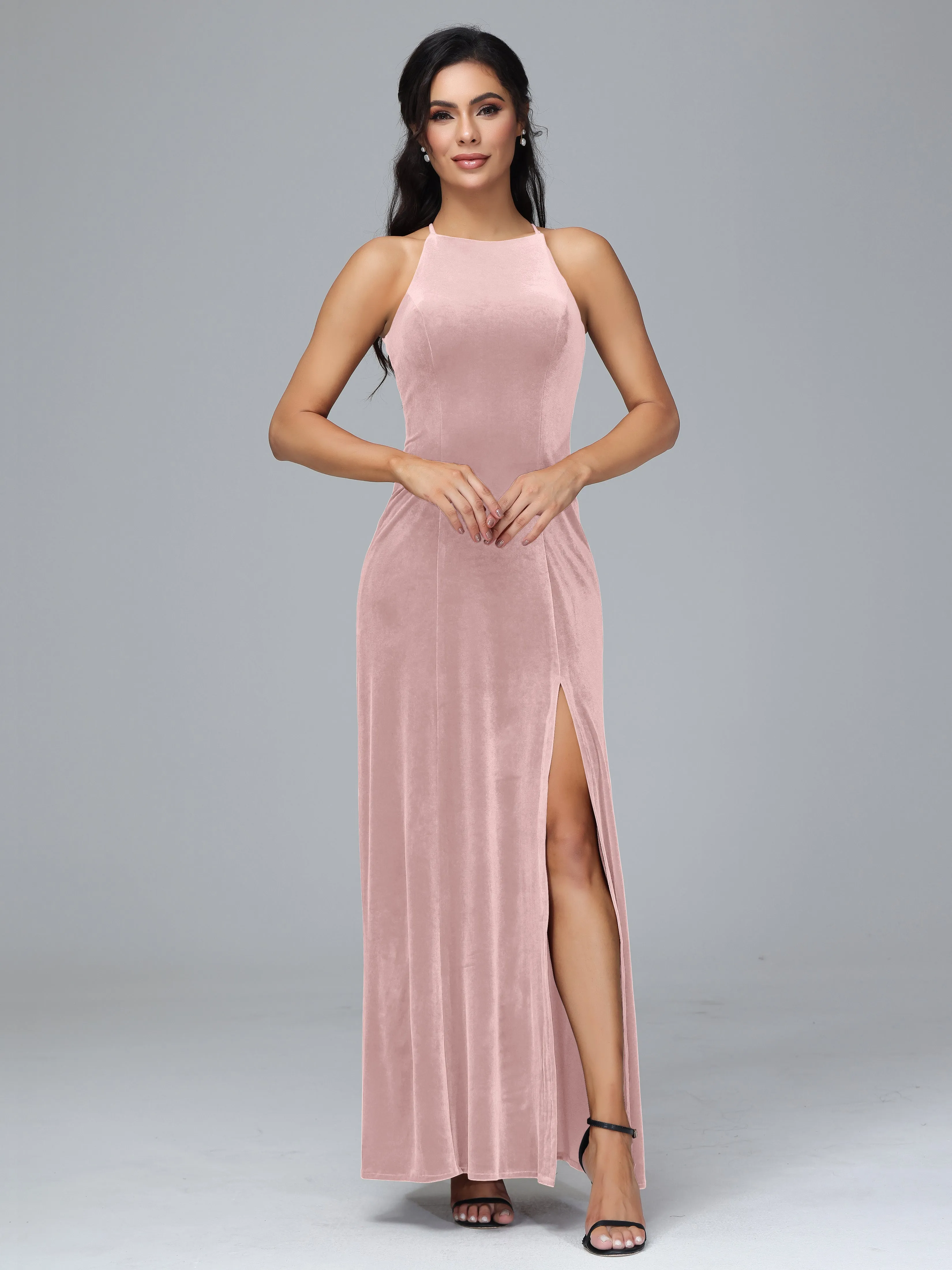 Halter Sleeveless Velvet Plus Size Bridesmaid Dresses With Split