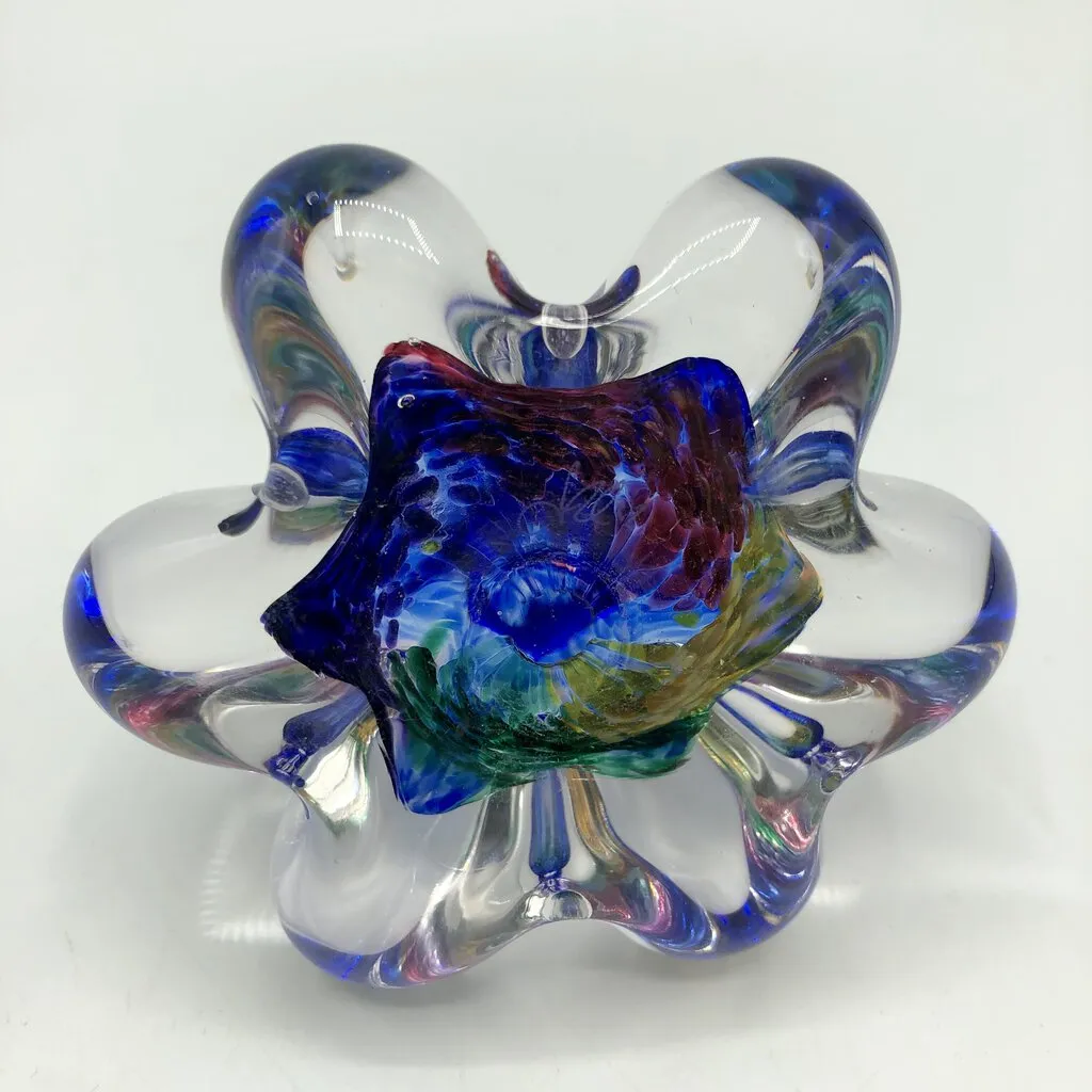 Hand Blown Studio Art Glass Multi-Color Ring Holder / Paperweight Signed /b