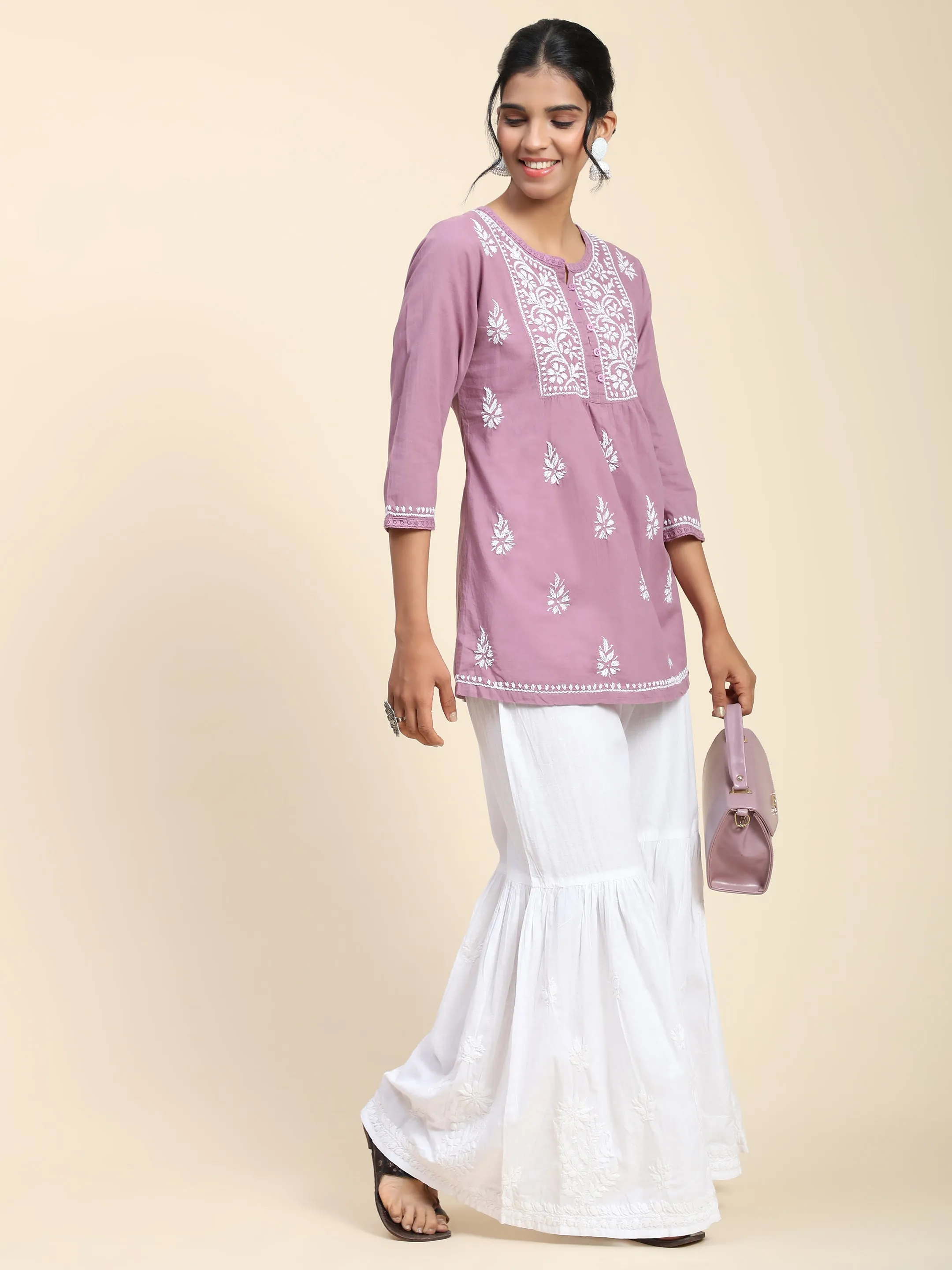 Hand Embroidery Chinakari Short Cotton Tunics- Purple