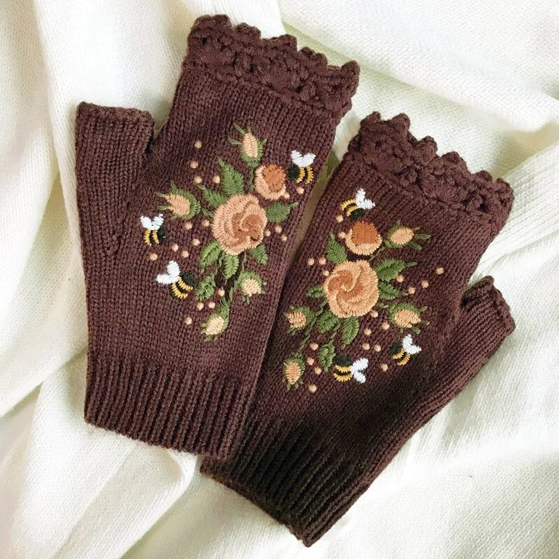 Hand Knit Floral Embroidered Fingerless Wrist Warmer Gloves