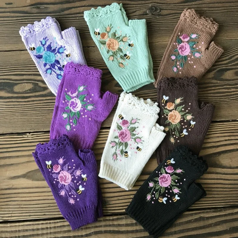 Hand Knit Floral Embroidered Fingerless Wrist Warmer Gloves