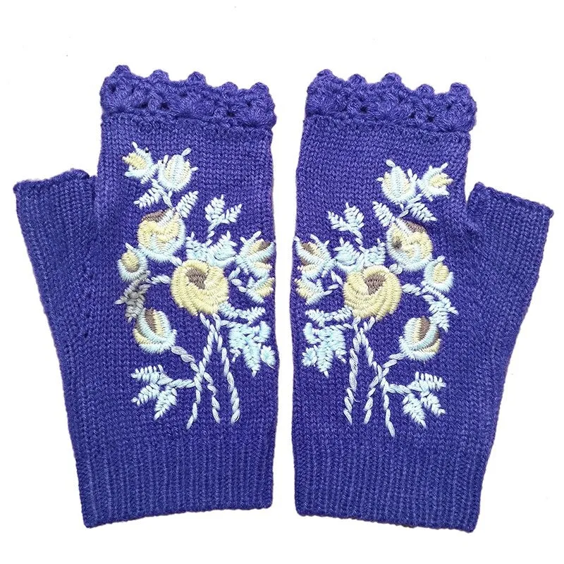 Hand Knit Floral Embroidered Fingerless Wrist Warmer Gloves