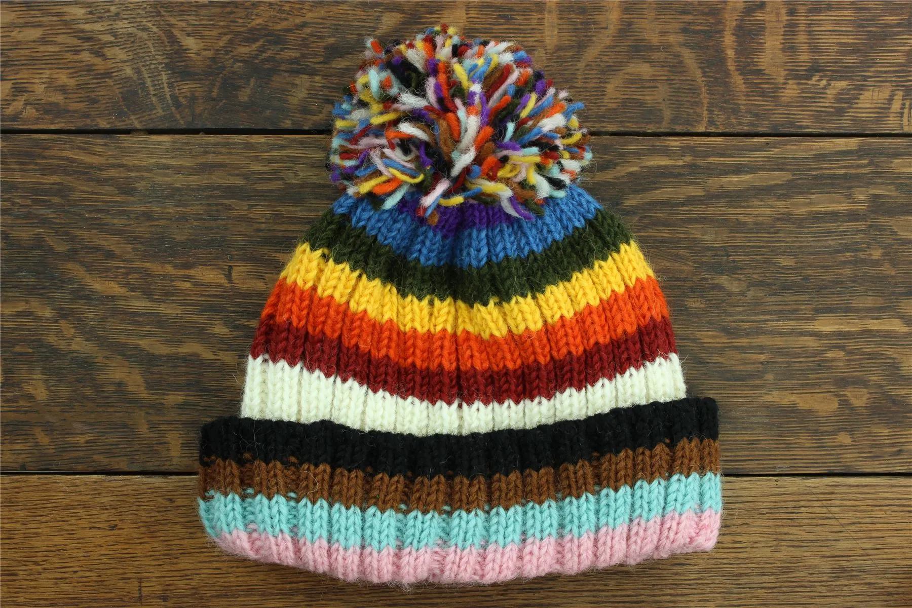 Hand Knitted Wool Beanie Bobble Hat - Stripe Progress Rainbow