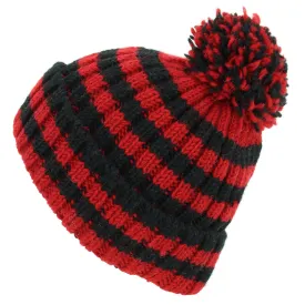 Hand Knitted Wool Beanie Bobble Hat - Stripe Red Black