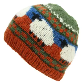 Hand Knitted Wool Beanie Hat - Sheep Orange Green