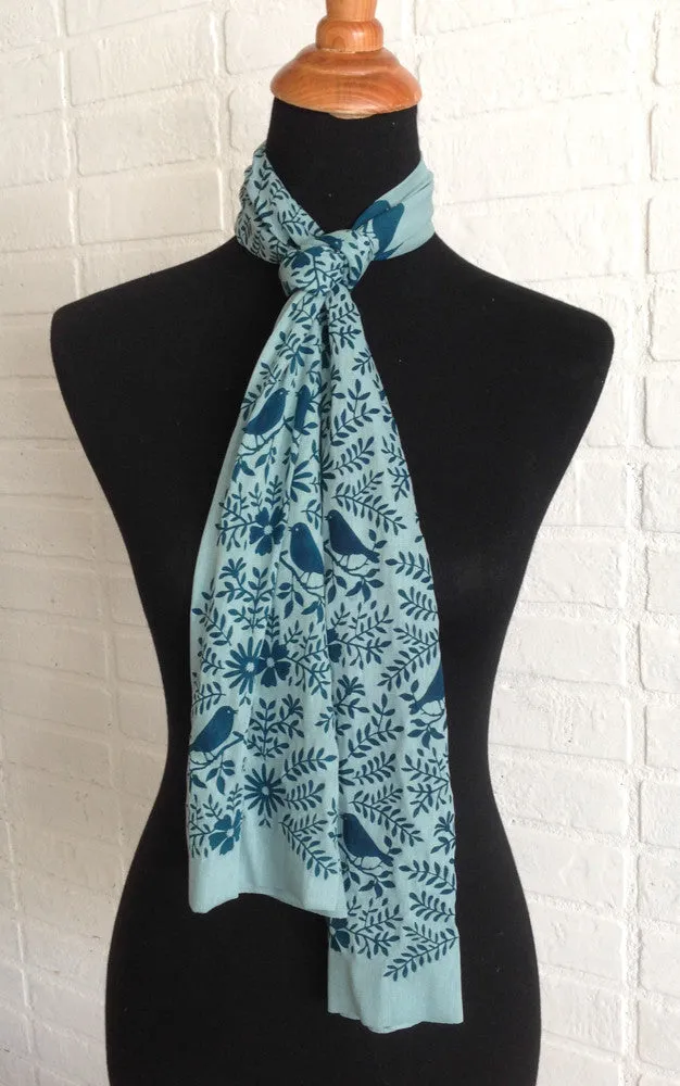 Hand-Printed Scarf - Aqua Birdwatching Pattern - Handmade Scarf - Eco-Friendly Bamboo Scarf