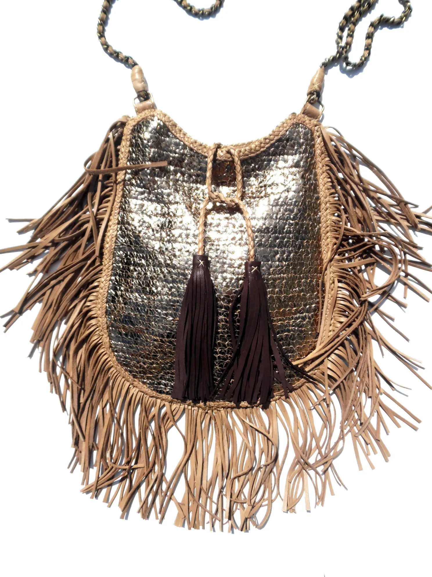 Hand Woven Leather Shoulder Cross Body Bag with Contrast Tassel