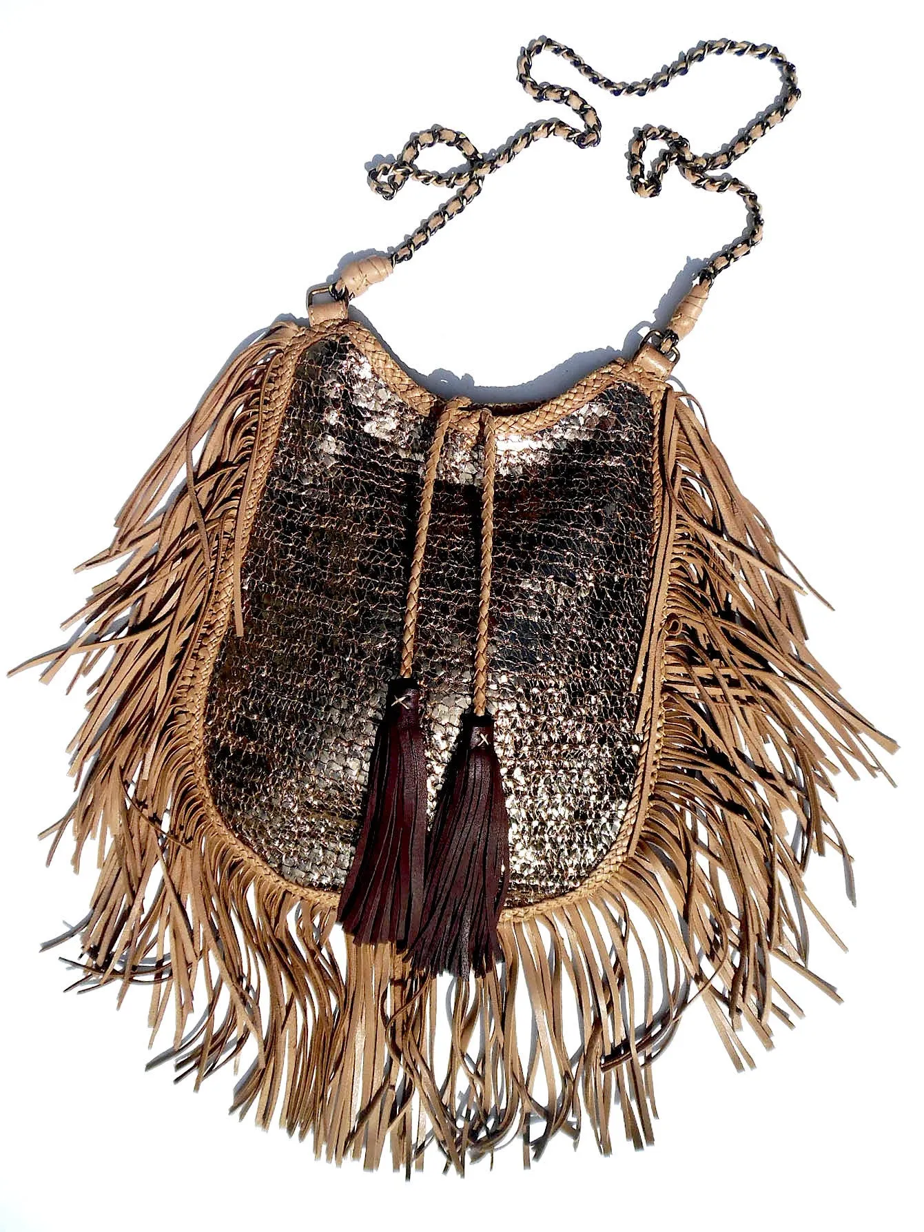 Hand Woven Leather Shoulder Cross Body Bag with Contrast Tassel